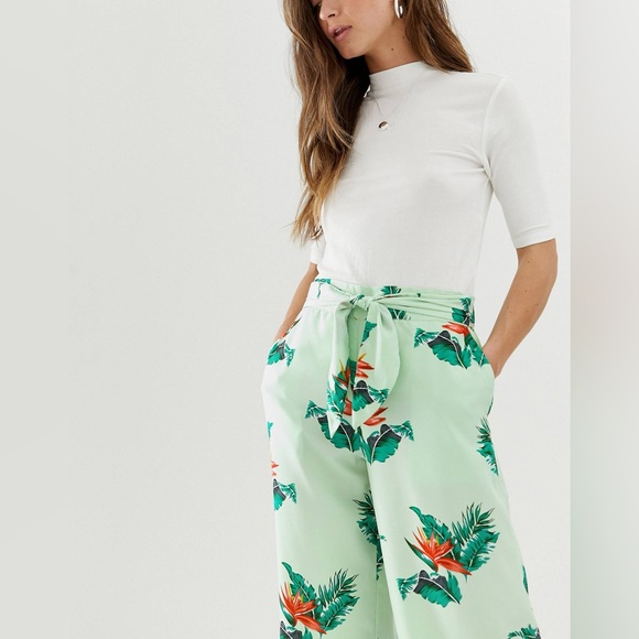 NWOT Mango floral wide leg pants in green boho leaf flower print size large - Picture 4 of 16